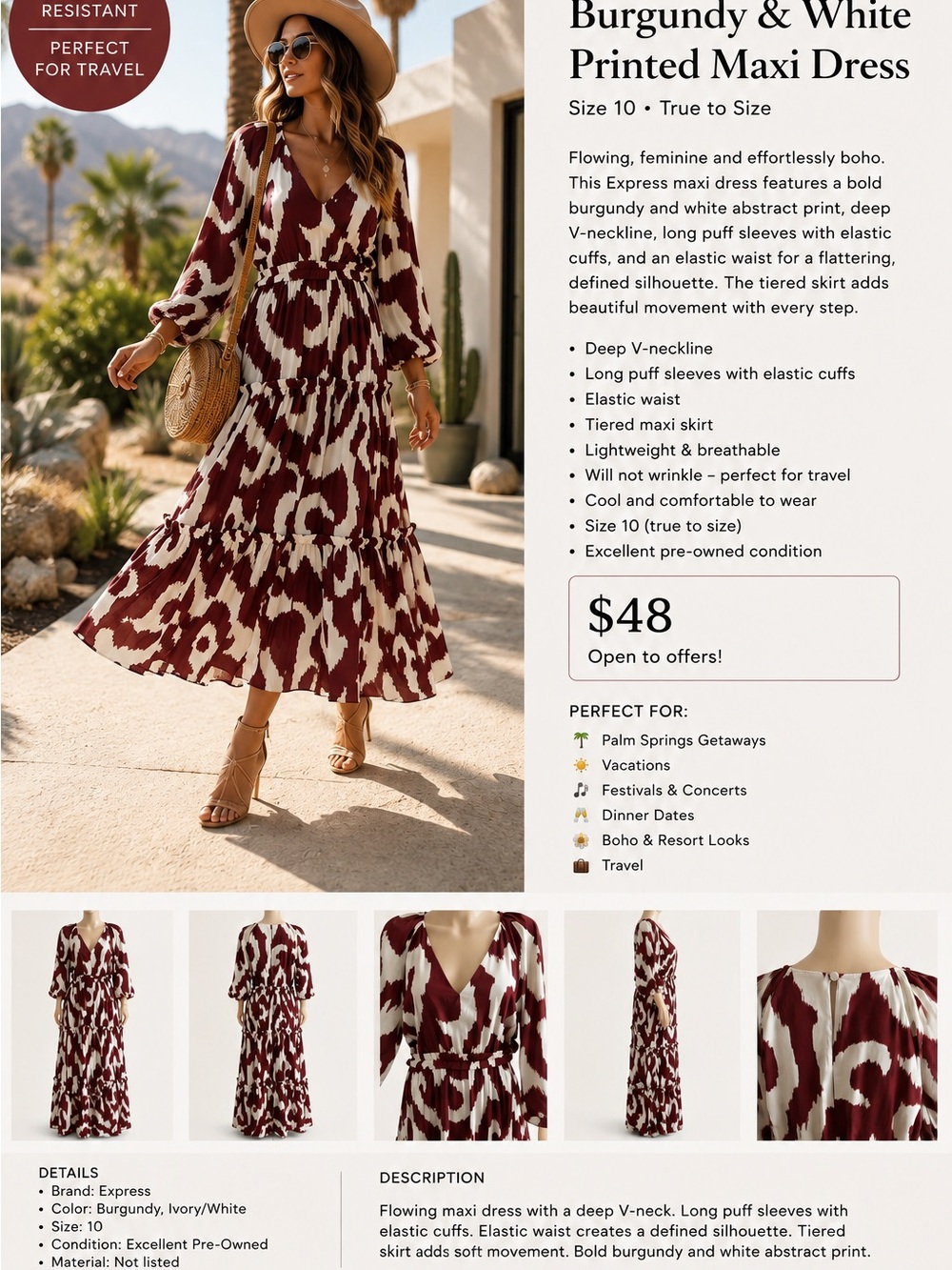 Express Burgundy & White Abstract Print Maxi Dress